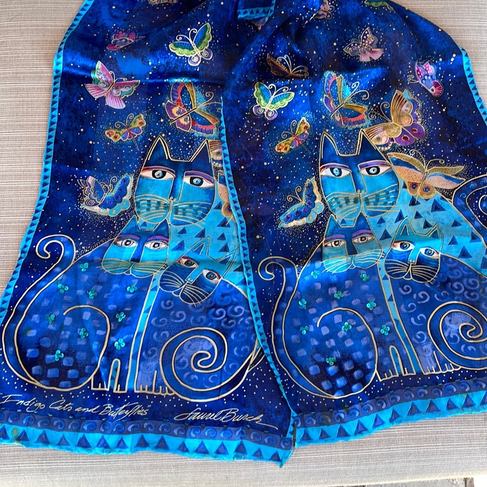 Lauren Burch Blue Indigo Cats and Butterflies Sequins 100% Silk Oblong Scarf